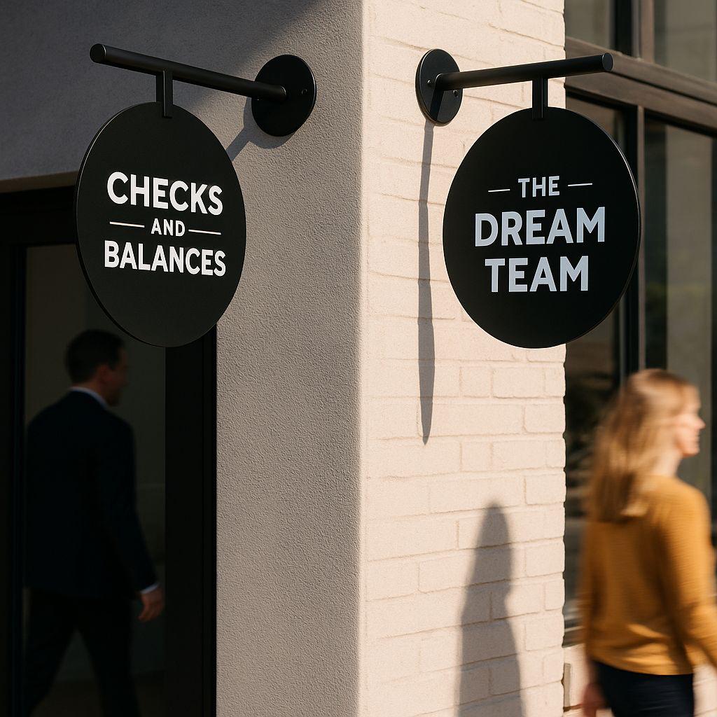 Two round signs on a building wall, one labeled 'Checks and Balances' and the other 'The Dream Team'.