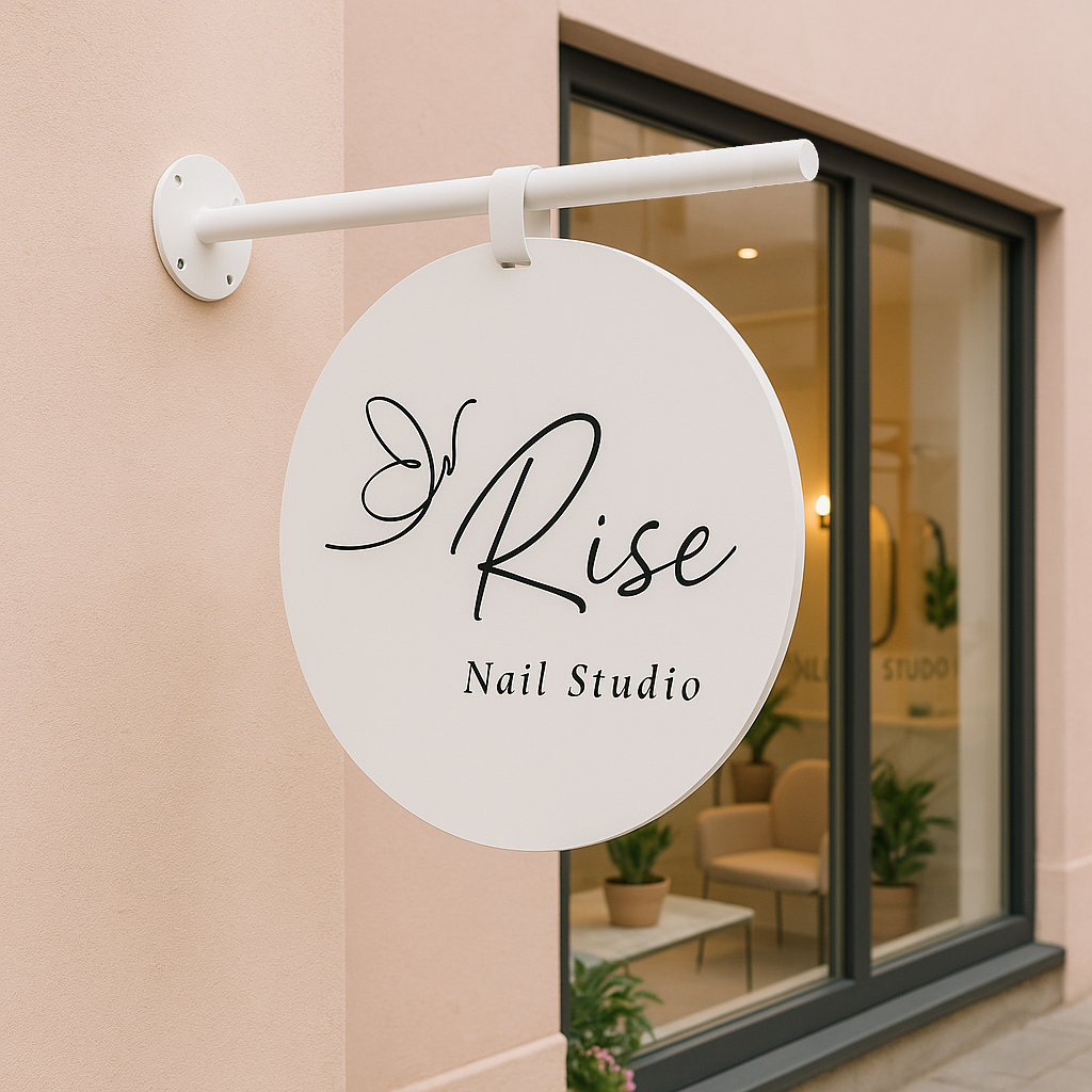 Round sign for 'Rise Nail Studio' on a building exterior.