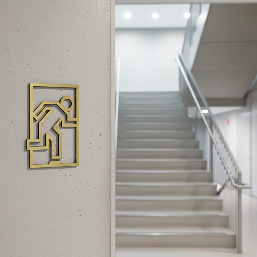 Gold emergency exit sign on a white wall with a blurred hallway in the background