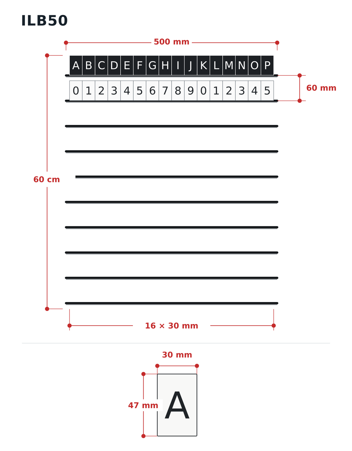 ILB50 menu letter board: ten 500 mm rails, nominal 60 cm installation height, 16 letter tiles per row, 47 × 30 mm tile