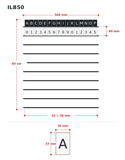 ILB50 menu letter board: ten 500 mm rails, nominal 60 cm installation height, 16 letter tiles per row, 47 × 30 mm tile