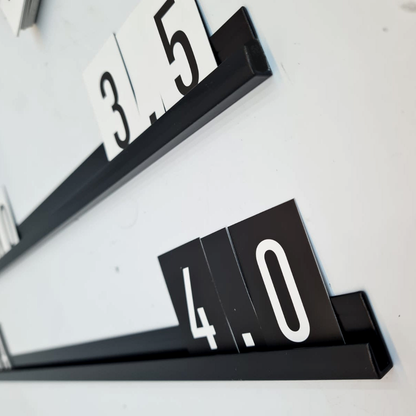 Close-up of black interchangeable menu board rails with black 4.0 cards and white 3.5 cards