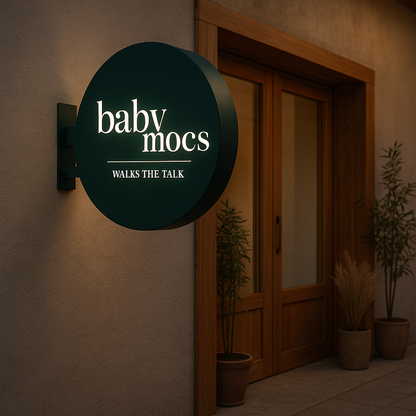 Round sign with 'baby mocs' branding on a wall next to a wooden door.