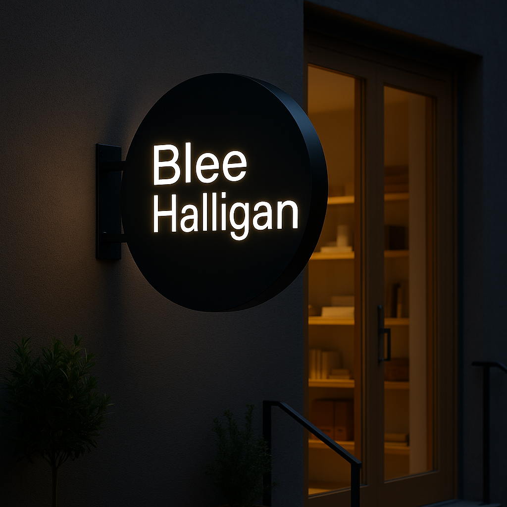 Neon sign with 'Blee Halligan' on a building exterior at night
