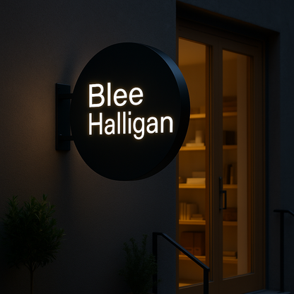 Neon sign with 'Blee Halligan' on a building exterior at night