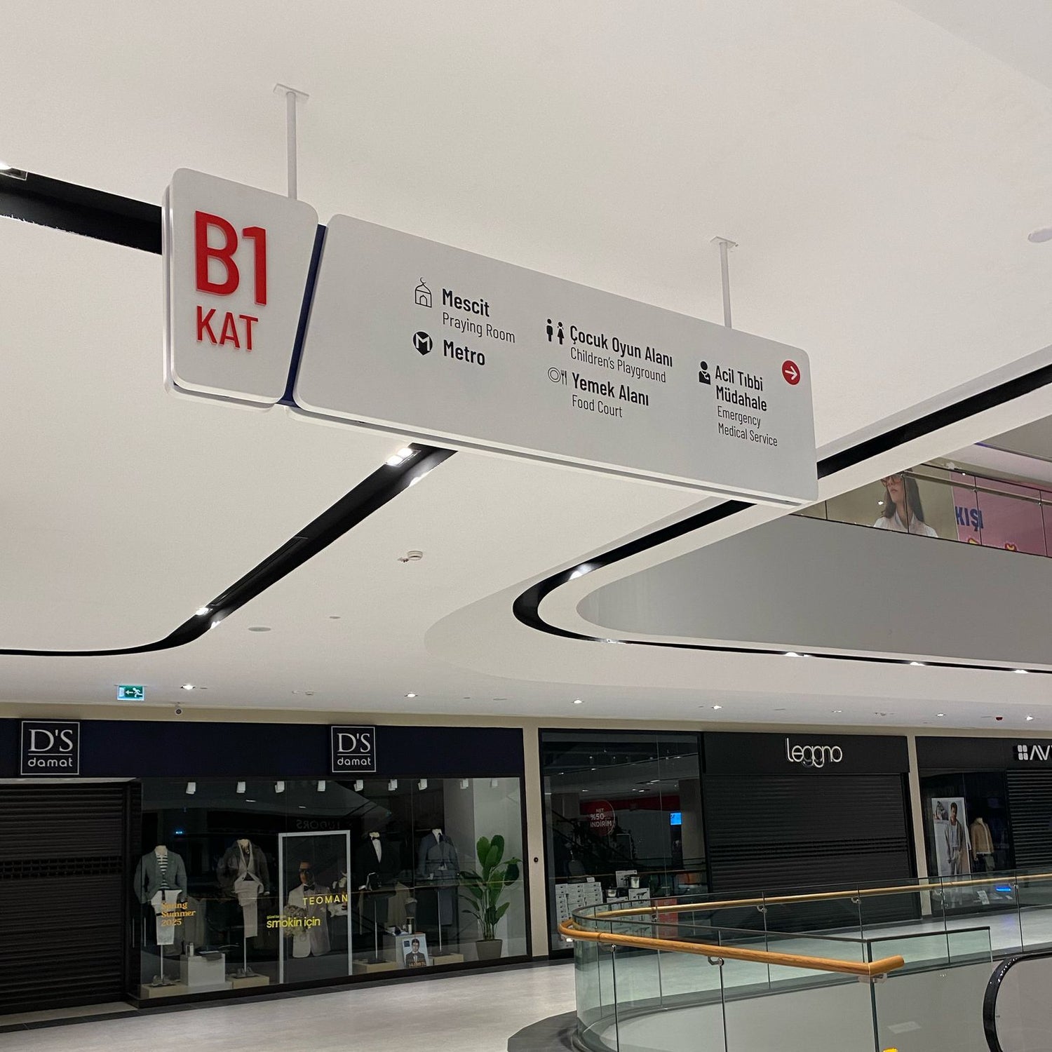 Modern indoor shopping mall with a directional sign indicating B1 KAT level.