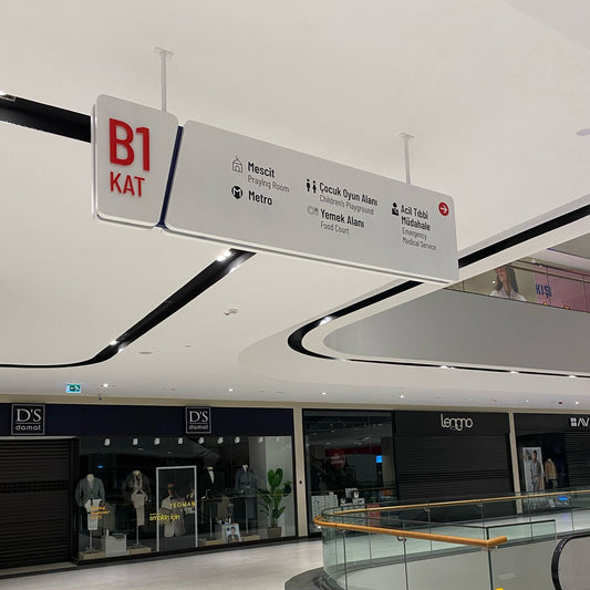 Modern indoor shopping mall with a directional sign indicating B1 KAT level.