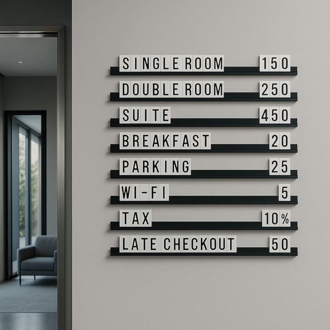 Price list for hotel services on a wall in a modern interior setting.