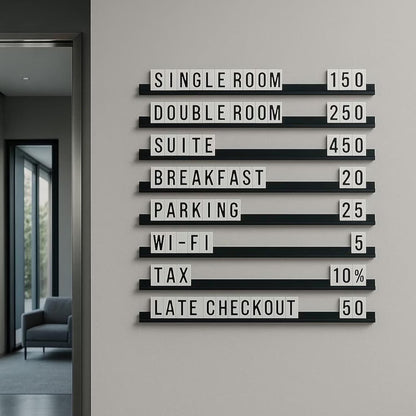 Price list for hotel services on a wall in a modern interior setting.