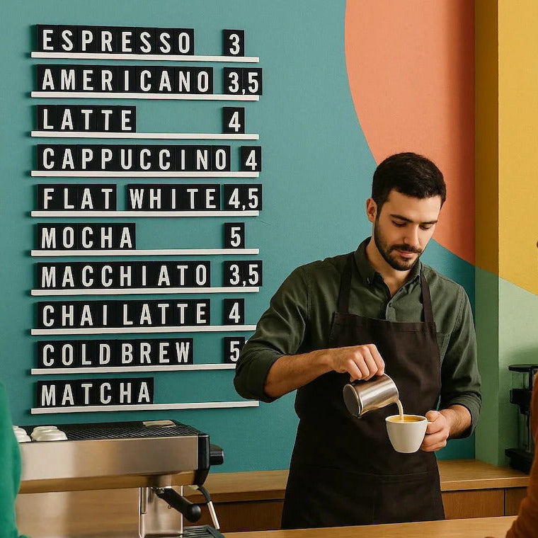 Barista pouring a coffee into a cup with customers waiting, colorful wall with coffee drink menu.