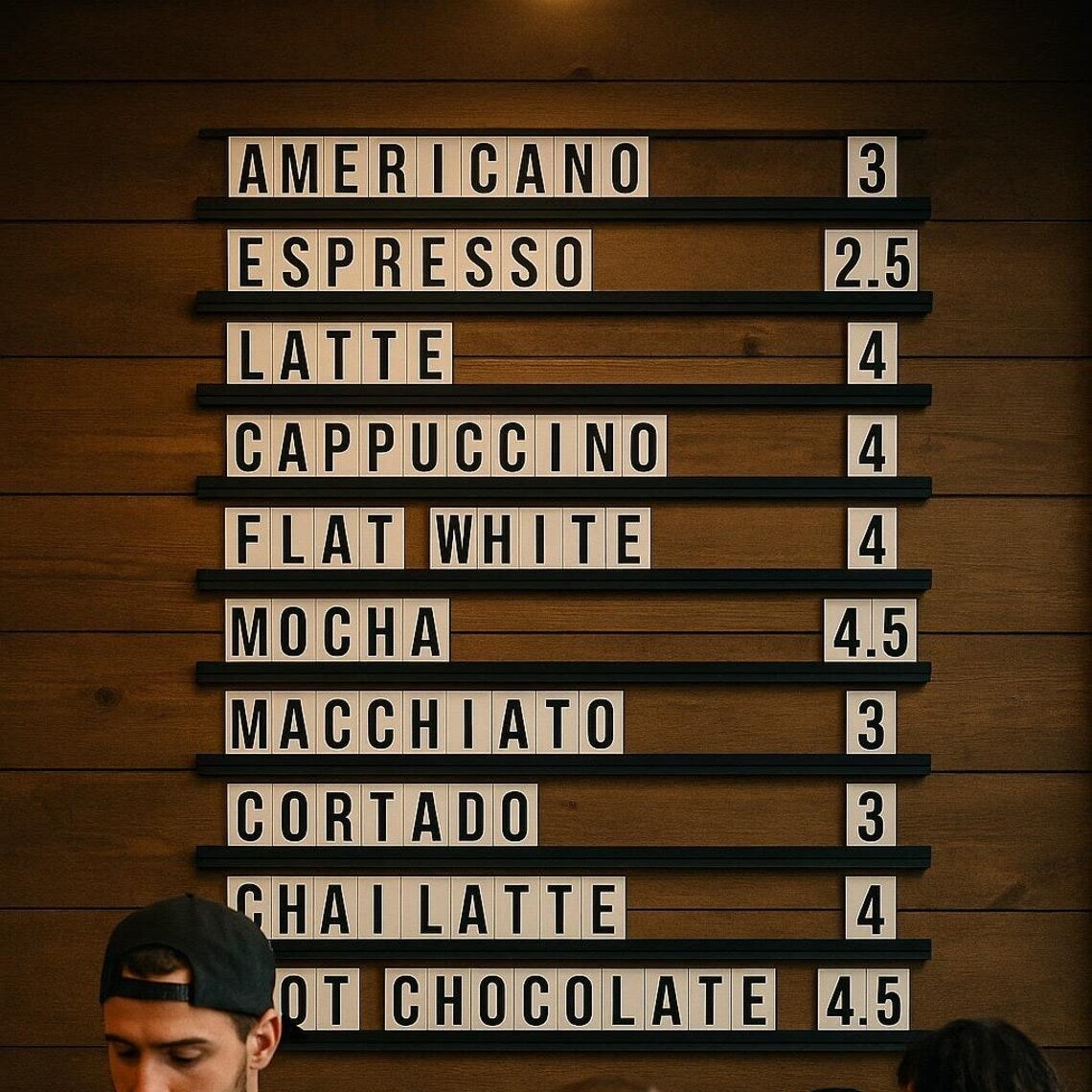 Person making a coffee at a counter with a menu board behind them on a wooden wall.