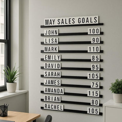 Wall-mounted board displaying May sales goals with names and numbers in a modern office setting.
