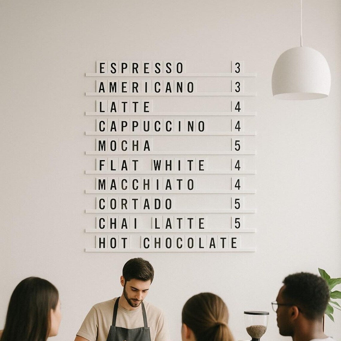People waiting in line at a coffee shop with a menu board on the wall.