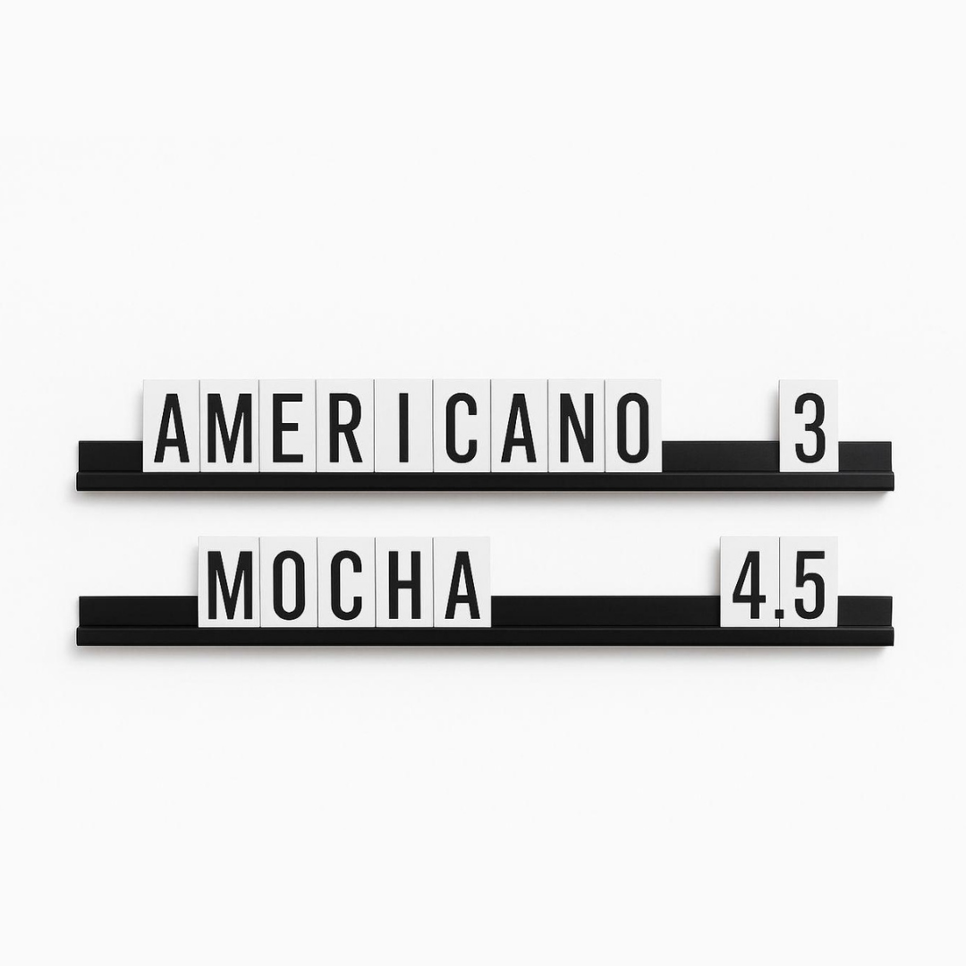 Two black and white signs indicating 'Americano 3' and 'Mocha 4.5' on a white background.