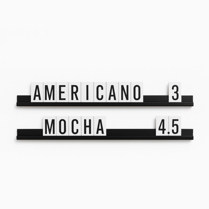 Two black and white signs indicating 'Americano 3' and 'Mocha 4.5' on a white background.