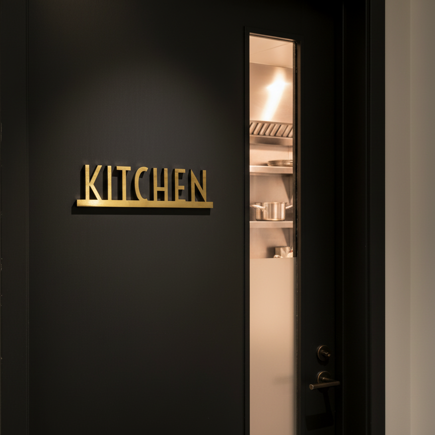 Black door with gold 'KITCHEN' sign and a glimpse into a well-lit kitchen.