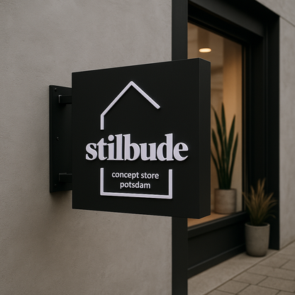 Black sign with 'stilbude' branding on a building exterior