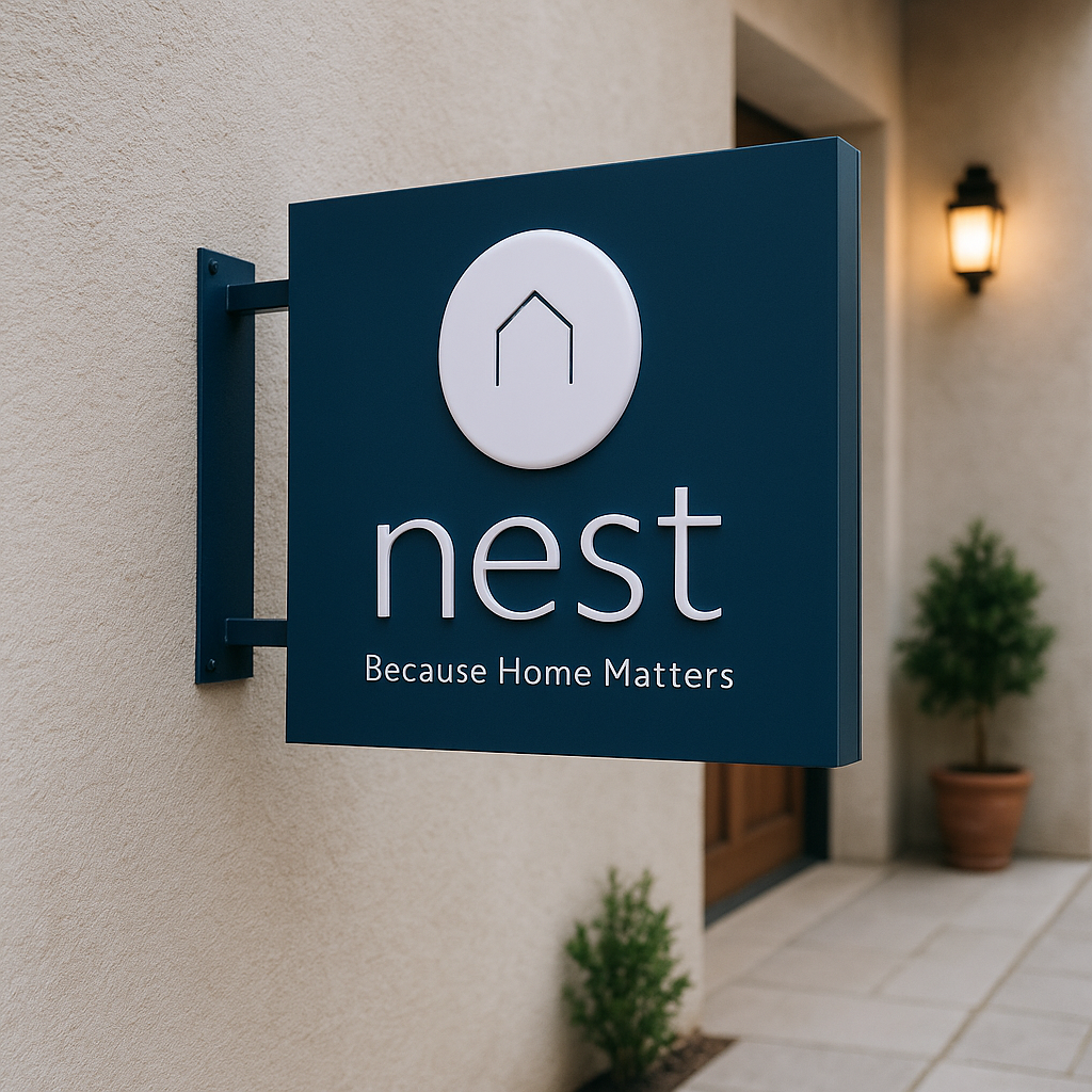 Nest sign on a building exterior with 'Because Home Matters' text