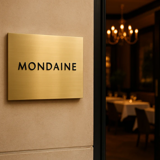 Gold sign with 'MONDAINE' on a wall in a restaurant setting