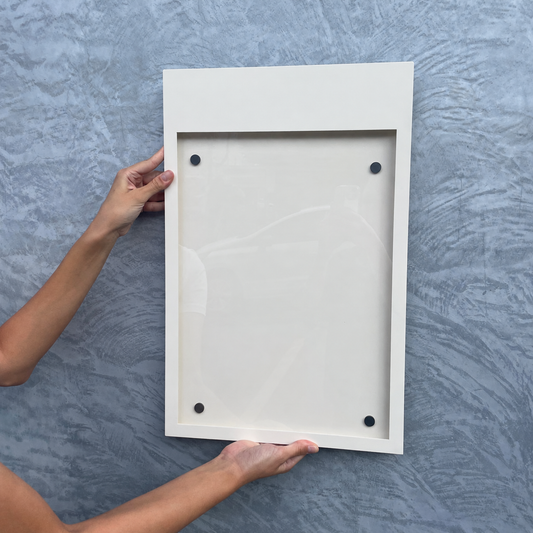 Blank white magnetic menu box wall sign, empty front view with no logo