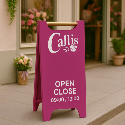 Pink sidewalk sign with 'Callis' branding and opening hours outside a building.