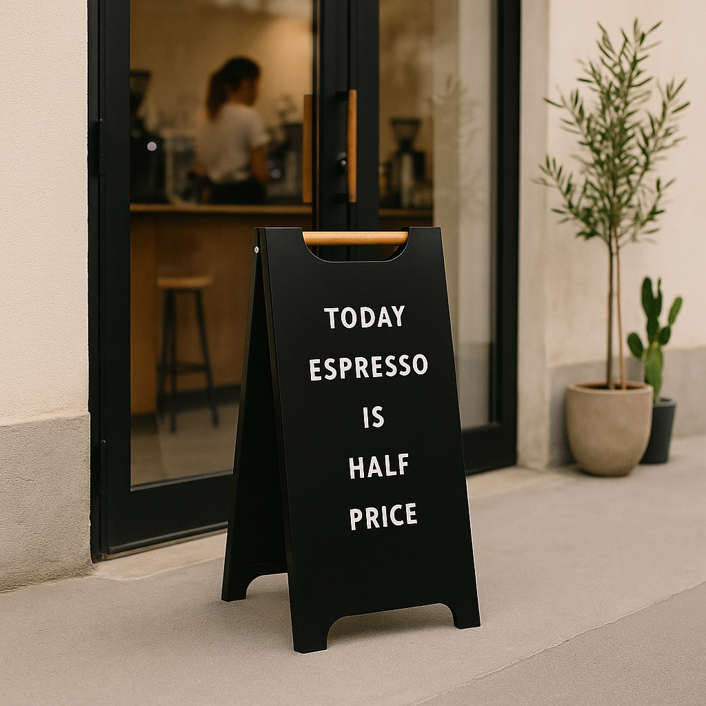 Black sign outside a cafe door advertising half-price espresso.