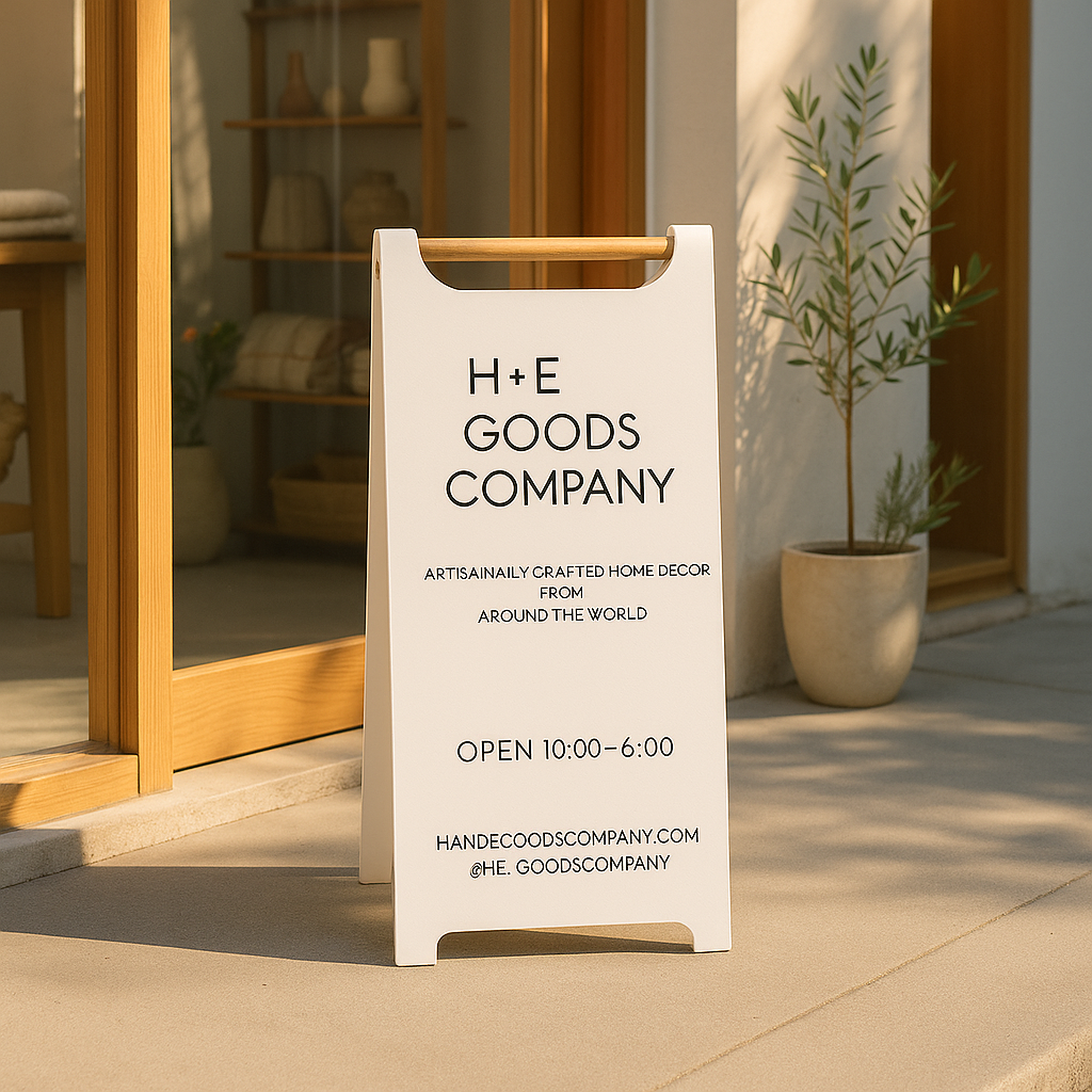 Store sign for H+E Goods Company in a home decor store setting