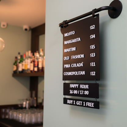 Beverage menu on a wall in a bar setting