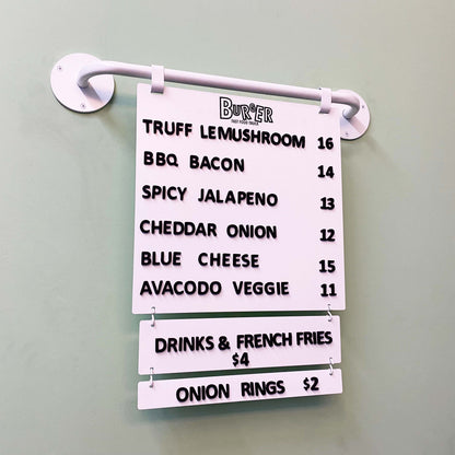 Magnetic price display board with clear pricing updates using magnetic letters, seamlessly blending into a contemporary restaurant’s décor.Wall-mounted magnetic menu sign with slide rails and magnetic letters, saving space while displaying an organized menu in a compact café interior."Customizable café menu board featuring magnetic letters and personalized branding, including a logo and vibrant colors to match the business theme."

