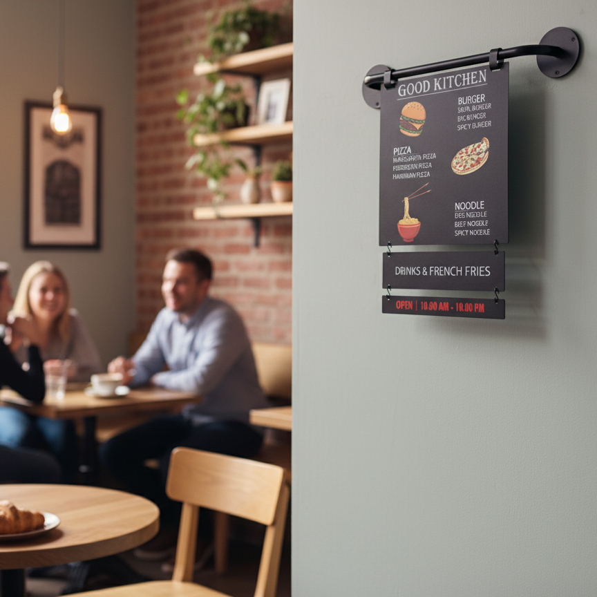 People sitting at a table in a cafe with a 'Good Kitchen' menu board on the wall.