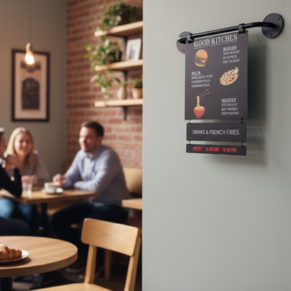 People sitting at a table in a cafe with a 'Good Kitchen' menu board on the wall.