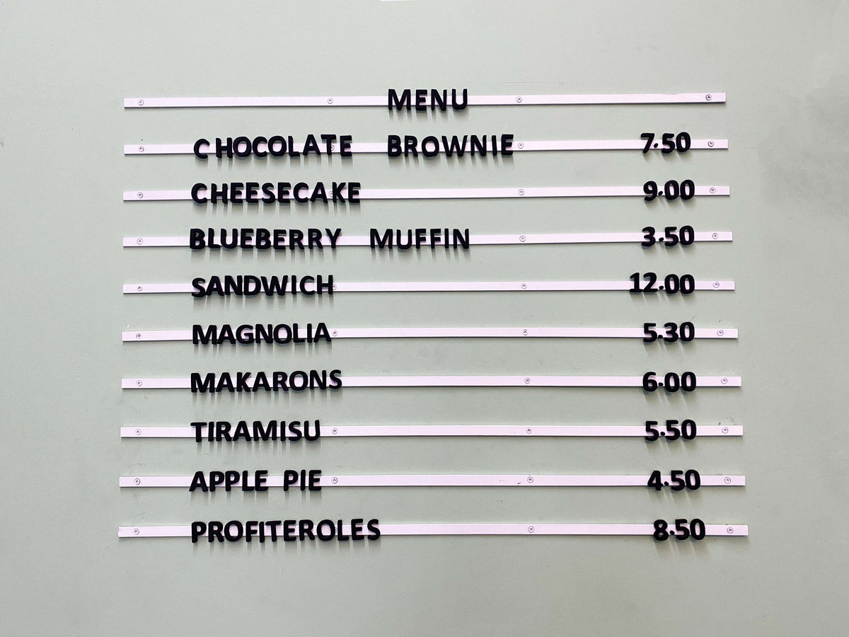 Wall-mounted magnetic letter menu board for cafés, restaurants and bars.