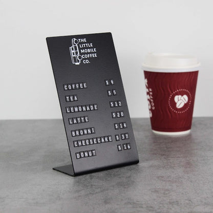 "Durable metal counter sign with magnetic letters. Ideal for businesses needing a versatile display for prices, menu items, or daily specials."

