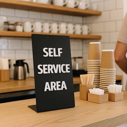 Black sign reading 'Self Service Area' on a counter with coffee cups and straws in a cafe setting.