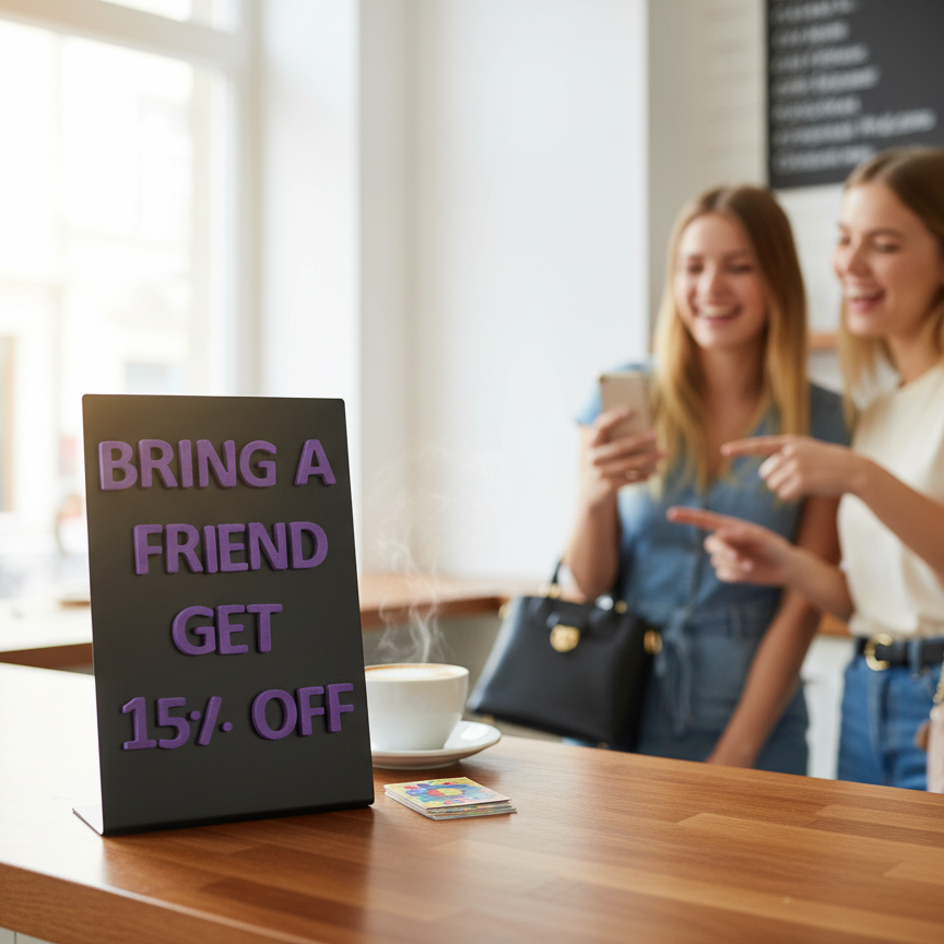Two women at a cafe counter with a sign offering a discount for bringing a friend.