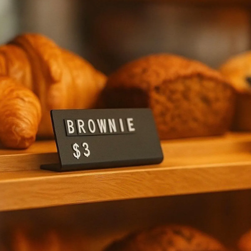 Brownies on a wooden shelf with a sign indicating 'Brownie $3'.