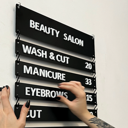 Designed for beauty salons, offices, and cafes, this magnetic wall menu allows you to easily change your listings.
