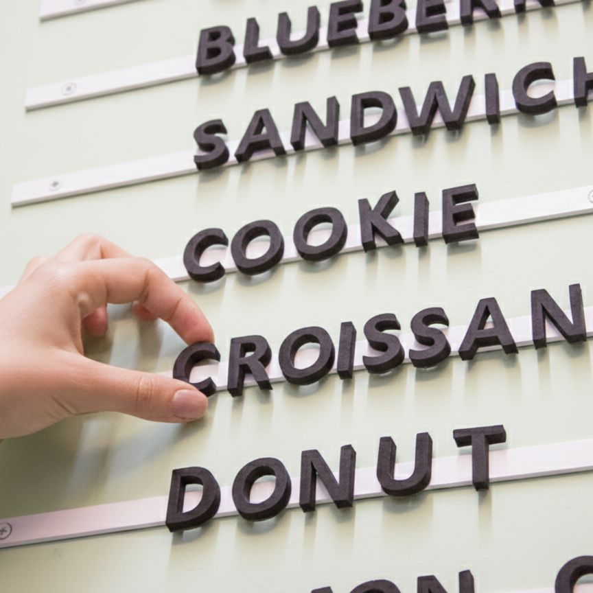 Hand interacting with a letter board displaying food options.
