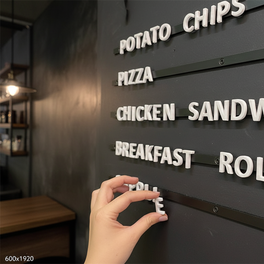 Hand placing a letter on a menu board with food item options.
