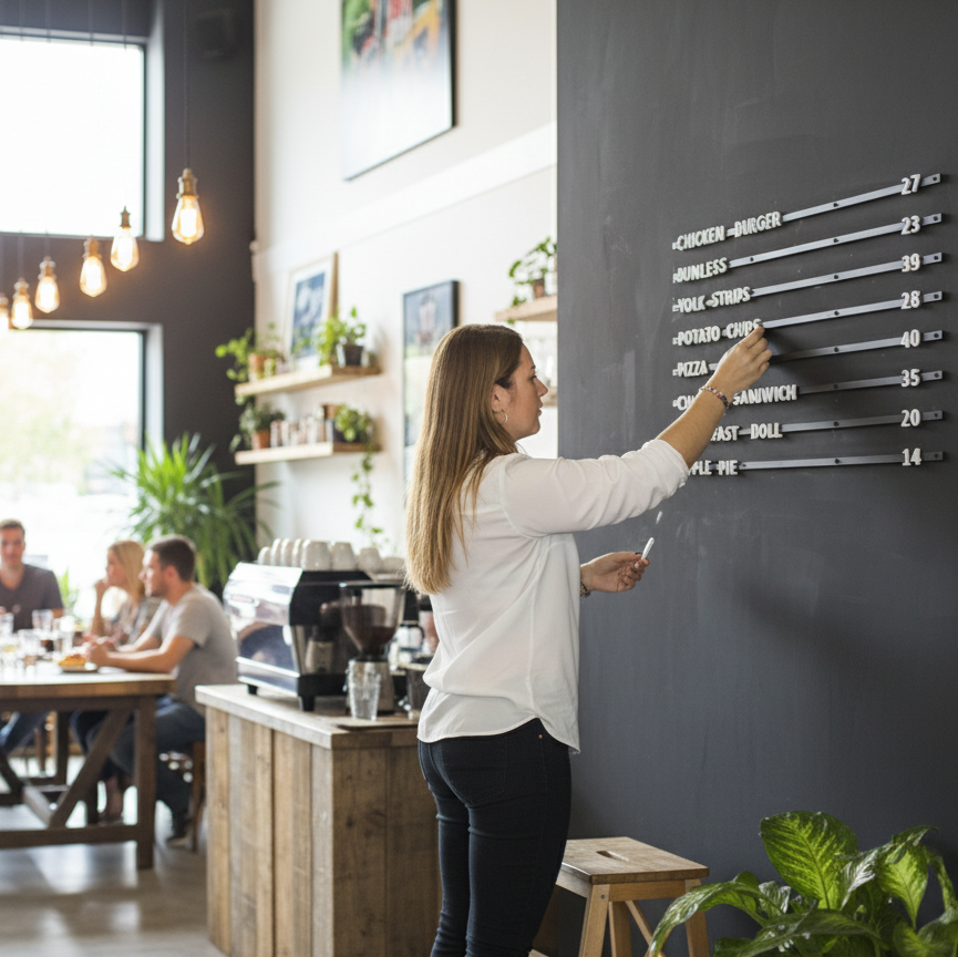 Woman writing on a chalkboard menu in a modern cafe with customers at tables.