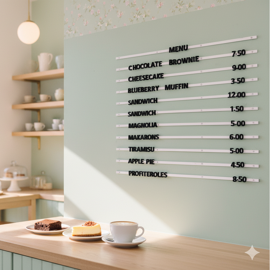 Cafeteria interior with a menu board and food items on a counter.