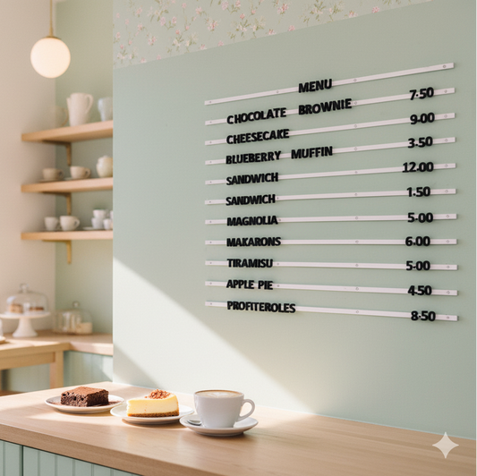 Cafeteria interior with a menu board and food items on a counter.