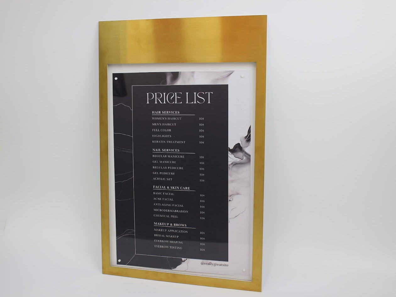 Ideal for cafes, restaurants and beauty salon this magnetic menu box- price list box with a brass frame provides a stylish wall sign that’s easy to update.

