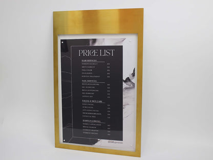 Ideal for cafes, restaurants and beauty salon this magnetic menu box- price list box with a brass frame provides a stylish wall sign that’s easy to update.

