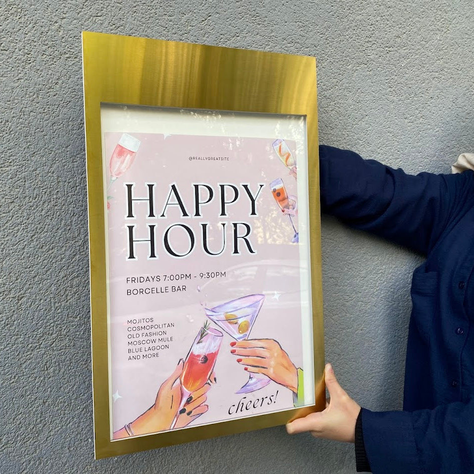 A brass-framed magnetic menu box designed for A3 paper sizes, offering a minimalist and modern wall sign solution for cafes and restaurants.
