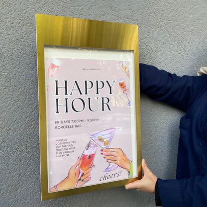 A brass-framed magnetic menu box designed for A3 paper sizes, offering a minimalist and modern wall sign solution for cafes and restaurants.
