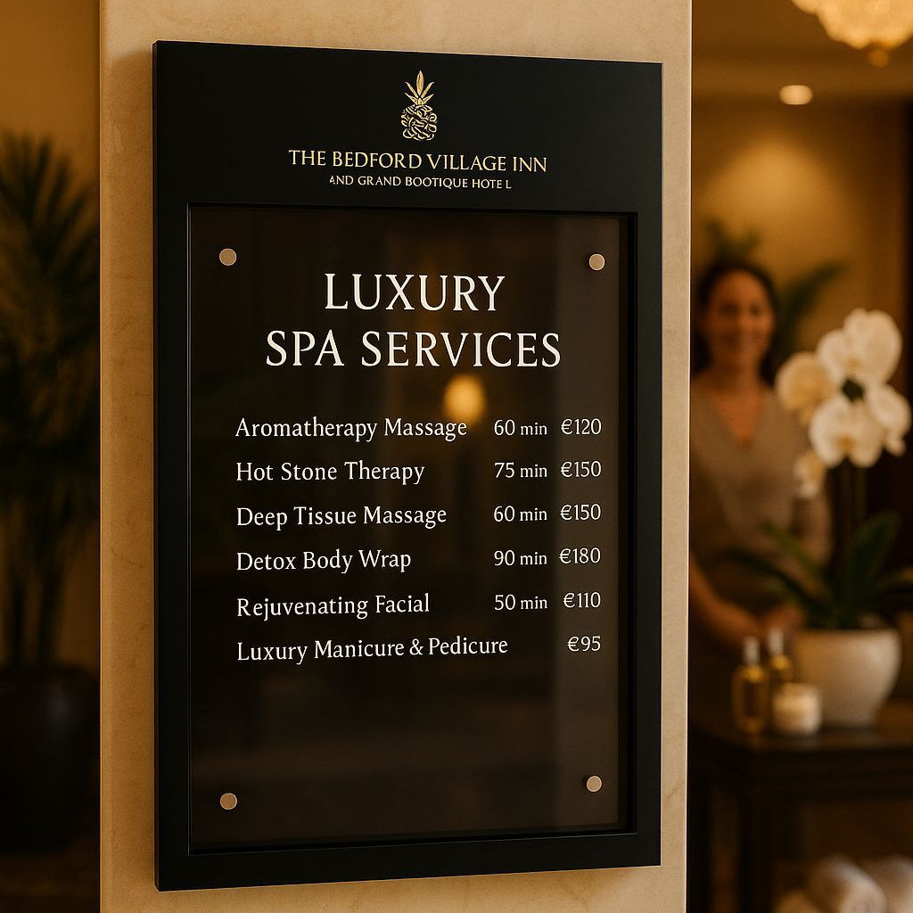 Spa service menu board with prices on a marble wall.