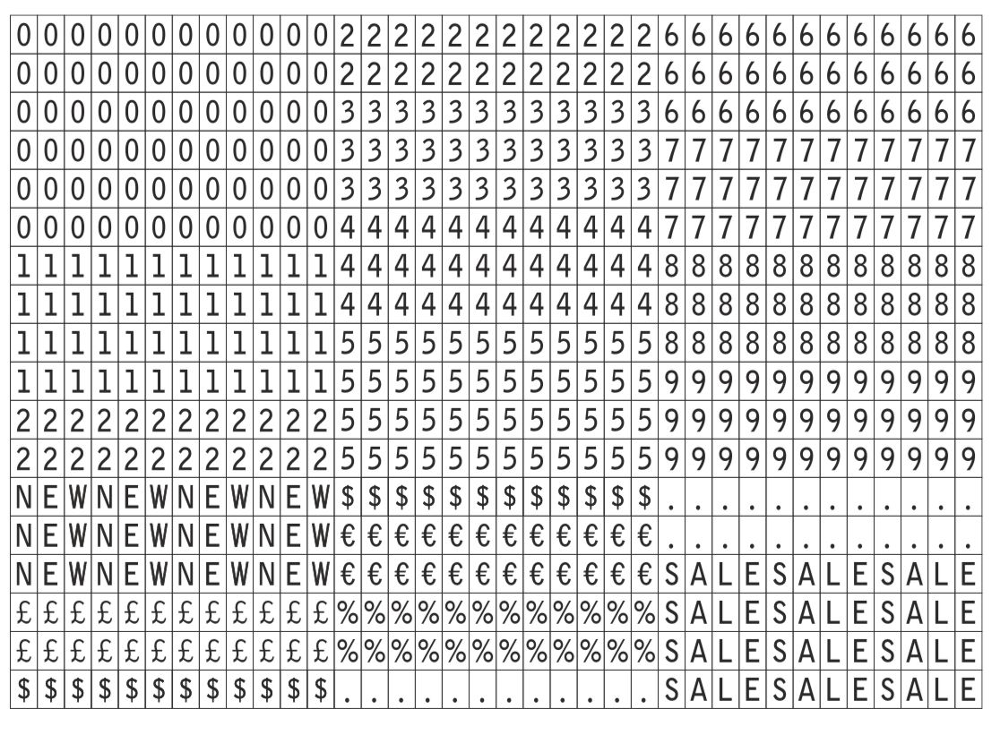Pattern of numbers, letters, and symbols on a white background