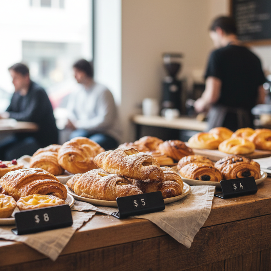 Display of pastries on a counter with price tags in a cafe setting.