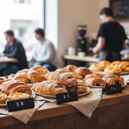 Display of pastries on a counter with price tags in a cafe setting.